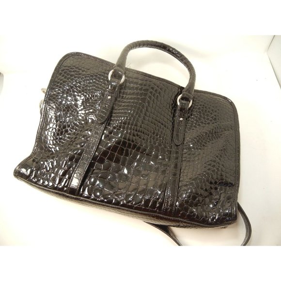 COLE HAAN BLACK Faux CROC PATENT LEATHER LAPTOP SHOULDER TOTE BAG 16"X11"X2.5" - Picture 2 of 13